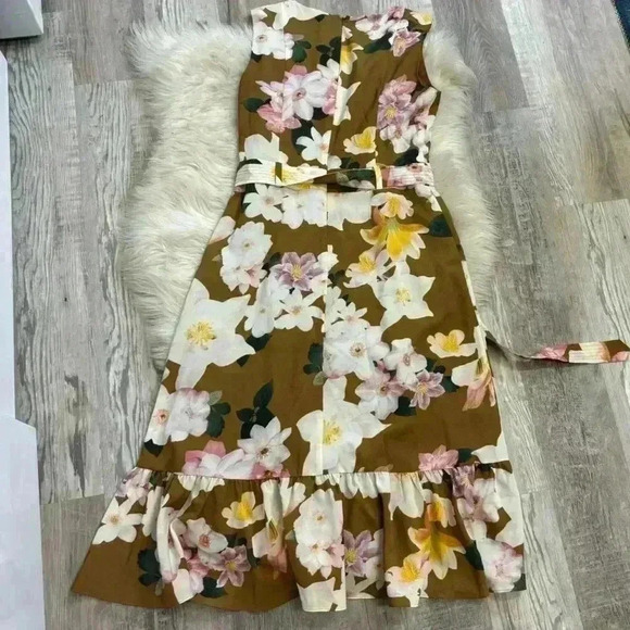 Calvin Klein Women Floral Printed Ruffled,Hem Dress, Tan Wheat Sz 6 - Picture 6 of 10